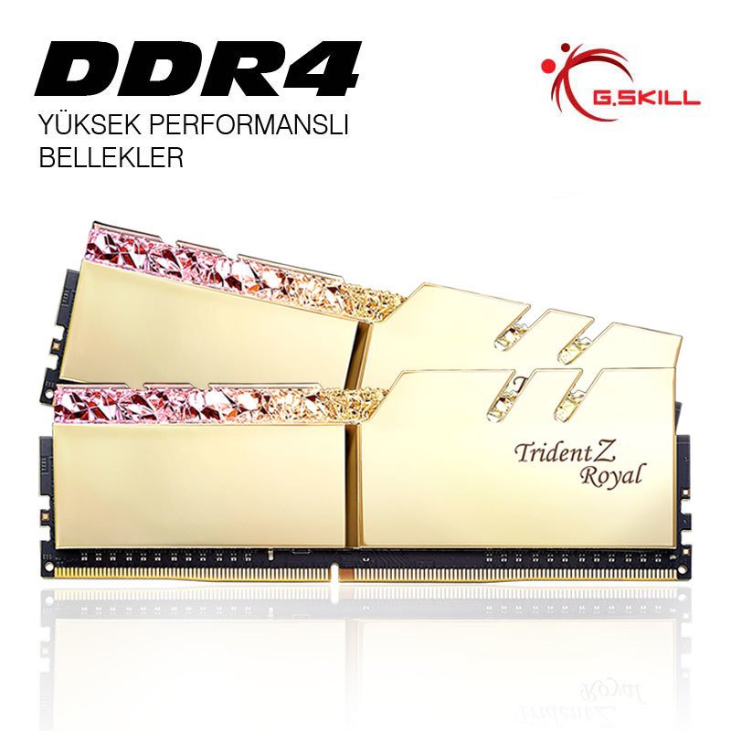 GSKILL Trident Z Royal Gold RGB DDR4-4000Mhz CL18 64GB (2X32GB) DUAL (18-22-22-42) 1.40V Bellek Kiti
