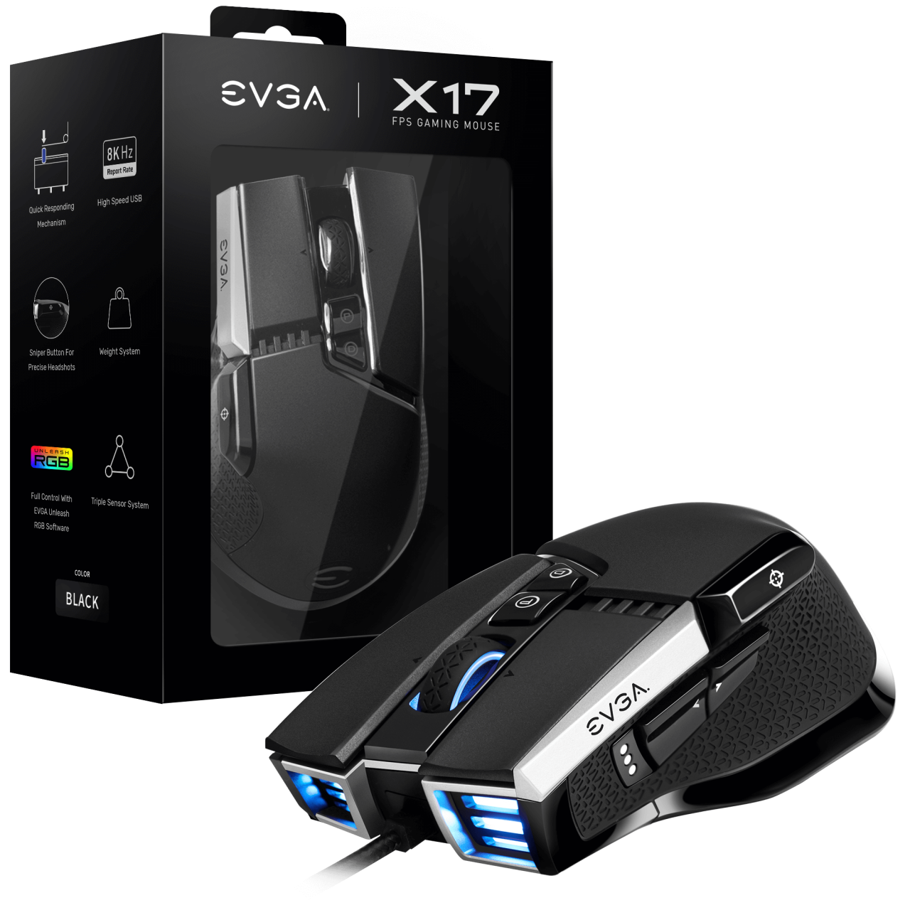 EVGA X17 Kablolu, Siyah, Özelleştirilebilir, 16.000 DPI, 5 Profil, 10 Düğme, Ergonomik Gaming Mouse