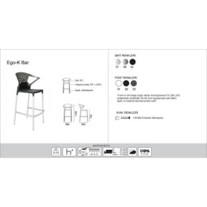 Ego-K Bar Şeffaf Transparan - Antrasit Alüminyum Ayaklı Kollu Bar Sandalyesi PPT1470