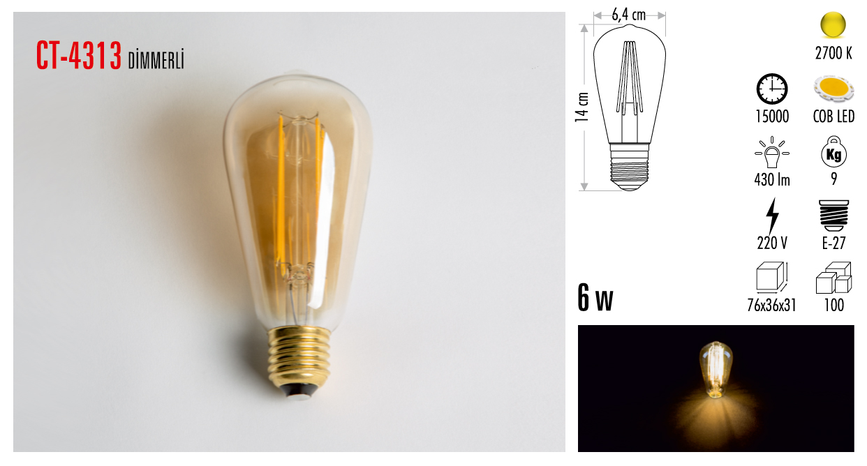 RUSTİK LED AMPUL 6W DİMMER