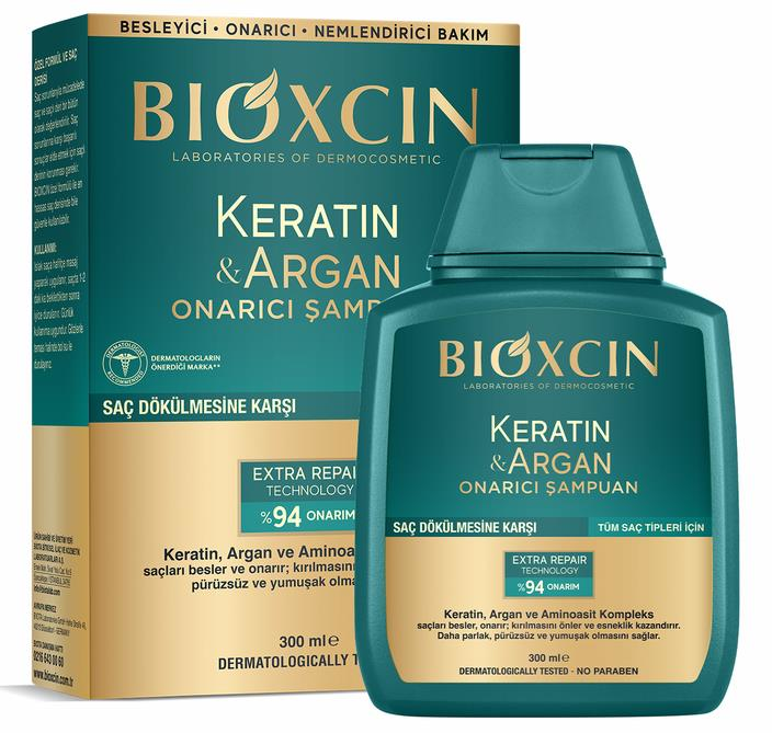 Bioxcin Keratin ve Argan Onarıcı Şampuan 300 ml | Tüm Saç Tipleri için Saç Dökülmesine Karşı