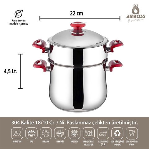 Amboss Saphire 3 Parça Paslanmaz Çelik İndüksiyon Tabanlı Buharlı Pişirme Seti - 4,5 Lt.