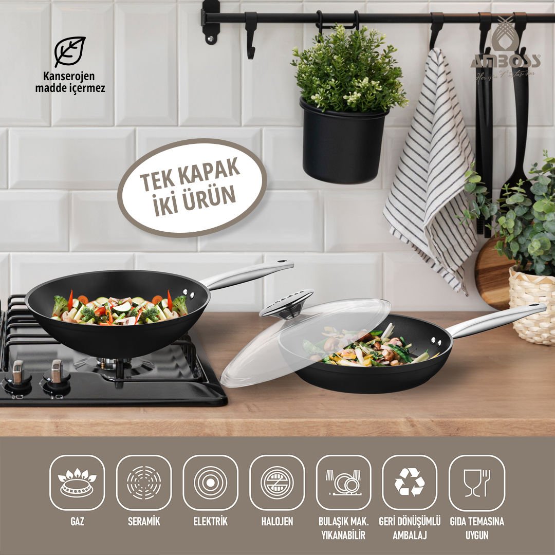 Amboss Dark Yanmaz Yapışmaz 3 Parça Titanyum Kaplama Tava -Cam Kapaklı (28 cm Wok, 28 cm Tava Tek Kapak)