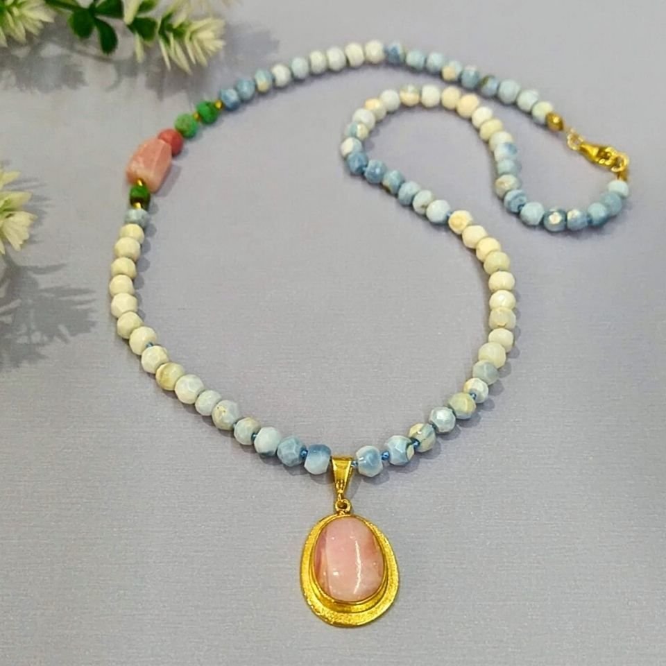 Mavi Opal - Pembe Opal - Krizopras Doğal Taş Kolye