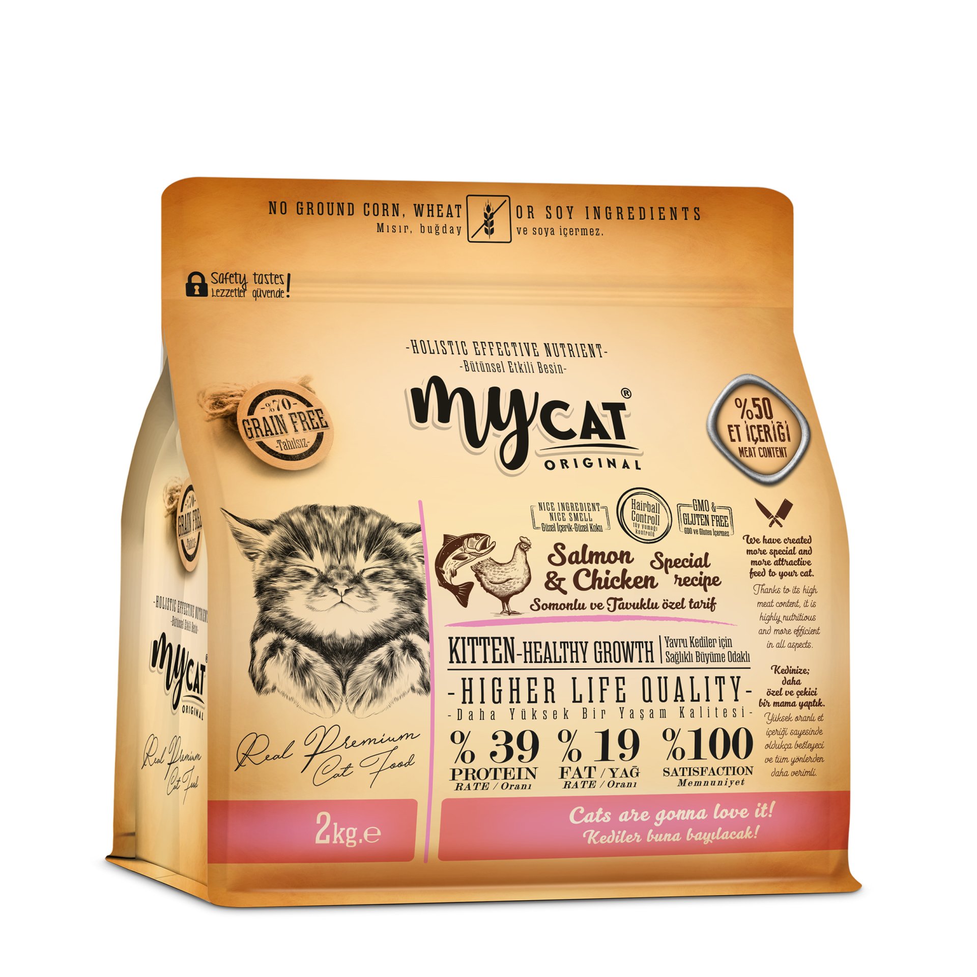 MyCat Low Grain Somonlu ve Tavuklu Kitten Yavru Kedi Maması 2Kg