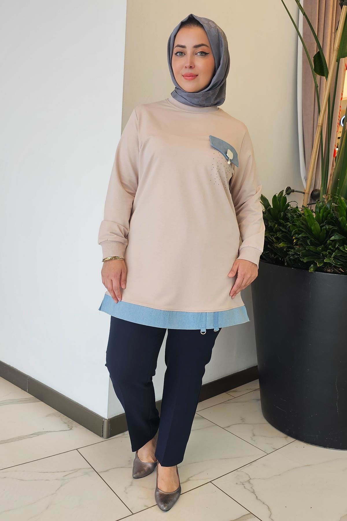 KADIN BROŞ VE KOMBİN DETAYLI TESETTÜR TUNİK BEJ - 3XL