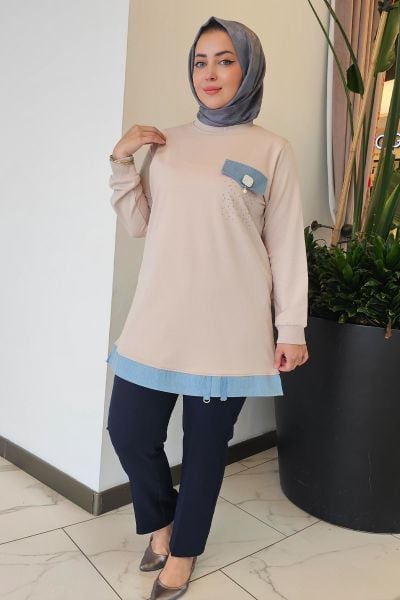 KADIN BROŞ VE KOMBİN DETAYLI TESETTÜR TUNİK BEJ - 3XL