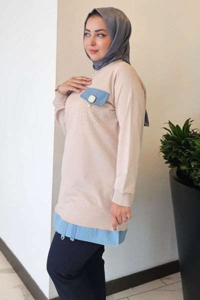 KADIN BROŞ VE KOMBİN DETAYLI TESETTÜR TUNİK BEJ - 3XL