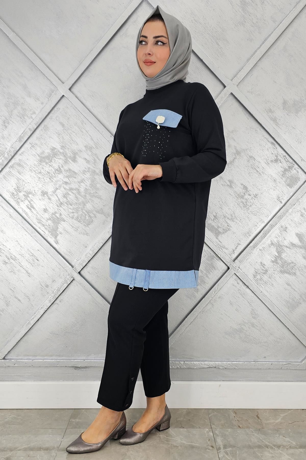 KADIN BROŞ VE KOMBİN DETAYLI TESETTÜR TUNİK SİYAH - 2XL