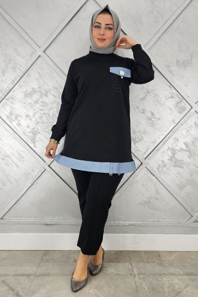 KADIN BROŞ VE KOMBİN DETAYLI TESETTÜR TUNİK SİYAH - 2XL