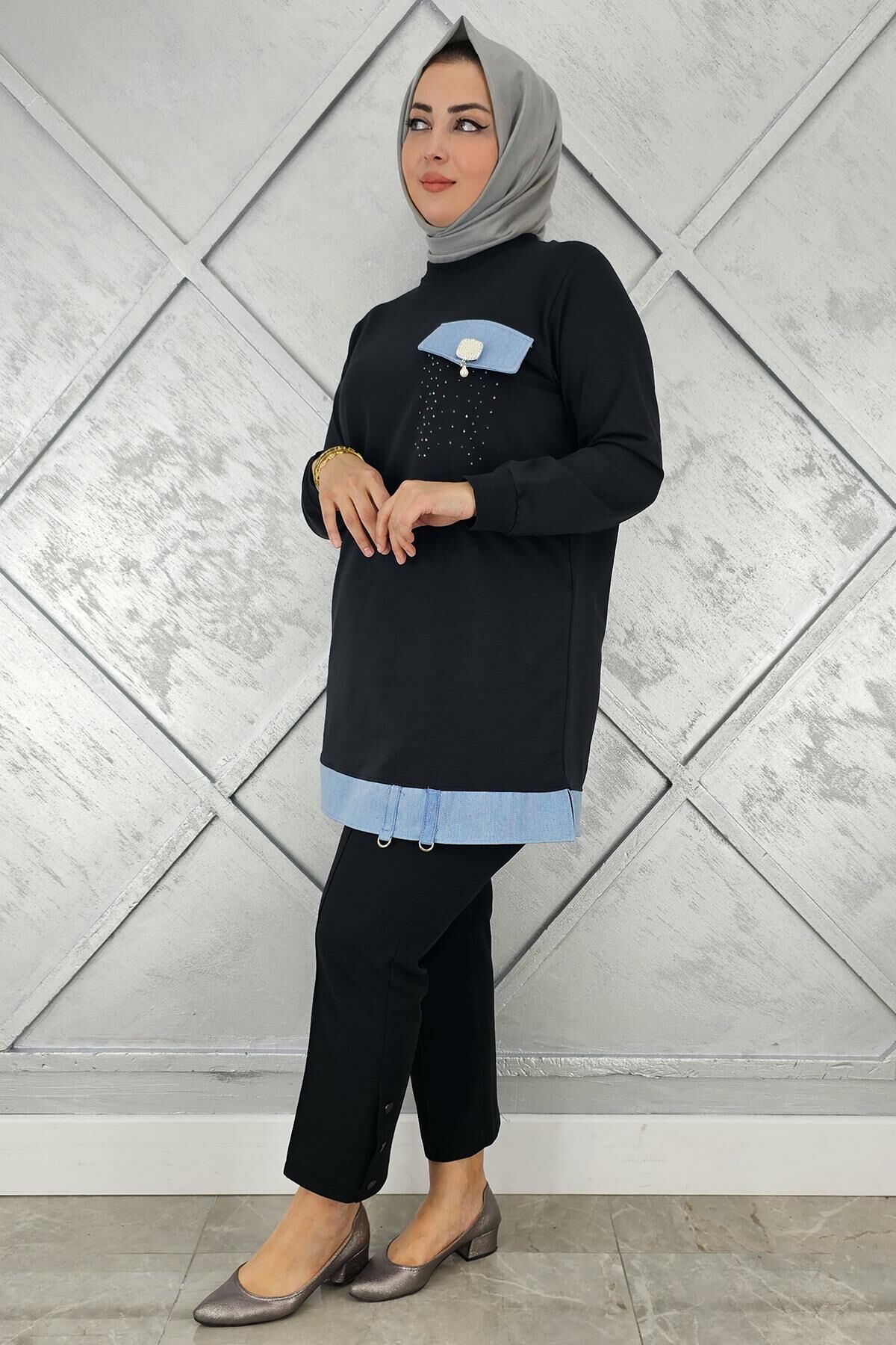 KADIN BROŞ VE KOMBİN DETAYLI TESETTÜR TUNİK SİYAH - 3XL