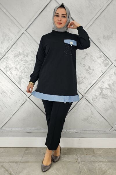 KADIN BROŞ VE KOMBİN DETAYLI TESETTÜR TUNİK SİYAH - L