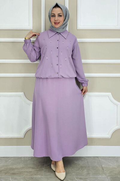 PYS KADIN TAŞ DETAYLI GÖMLEK ETEK TESETTÜR TAKIM LİLA - 5 BEDEN
