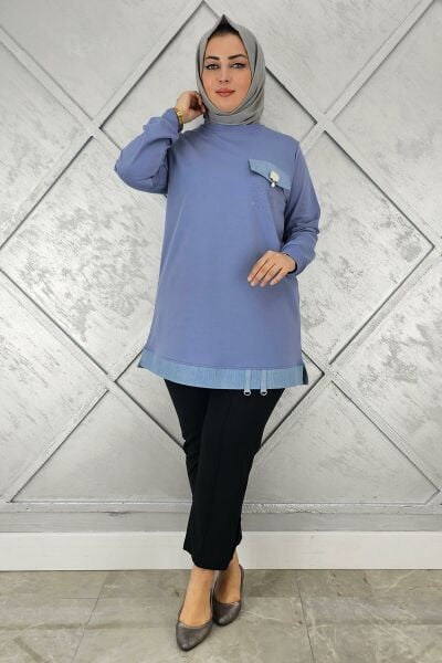 KADIN BROŞ VE KOMBİN DETAYLI TESETTÜR TUNİK MAVİ - 3XL