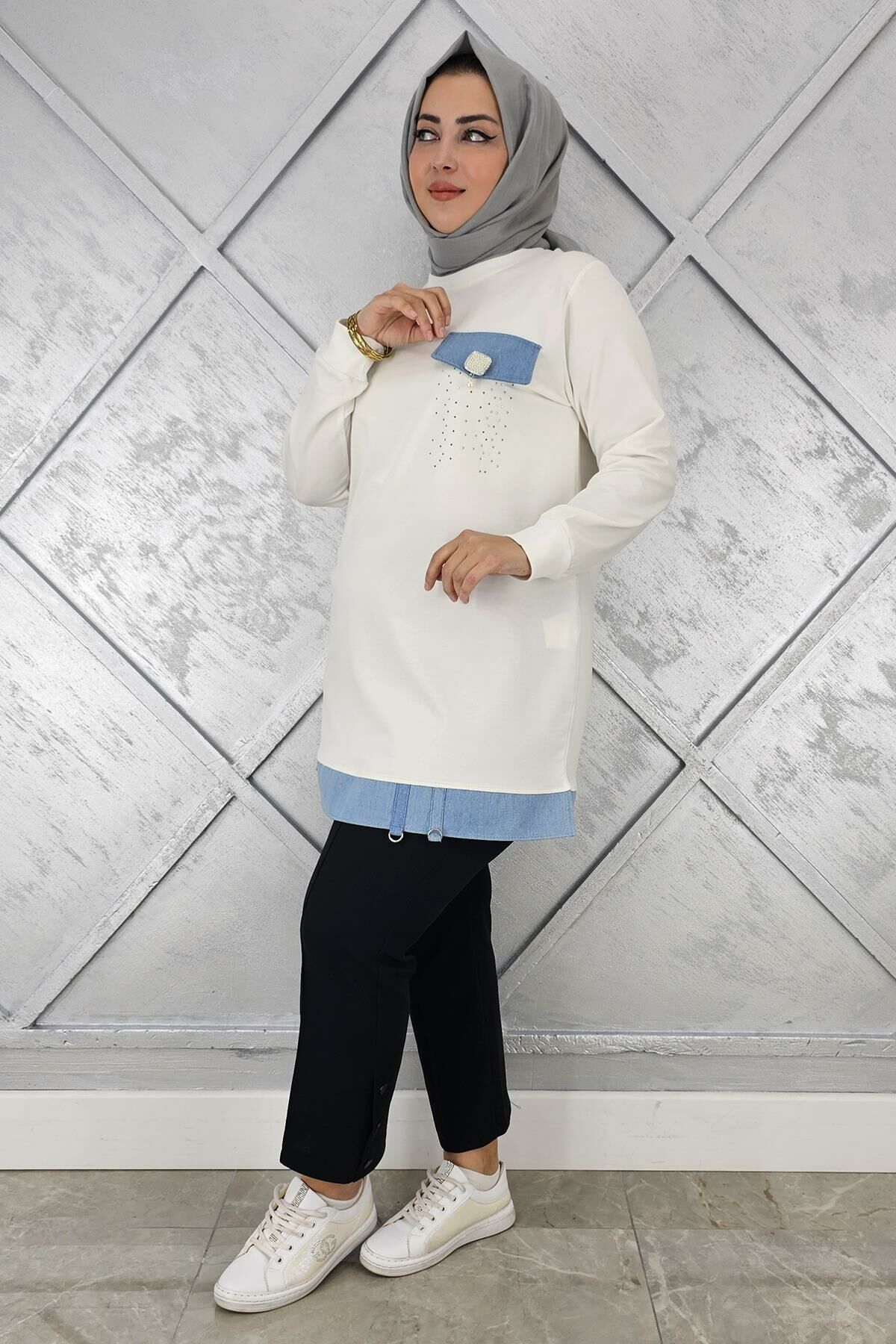 KADIN BROŞ VE KOMBİN DETAYLI TESETTÜR TUNİK EKRU - L