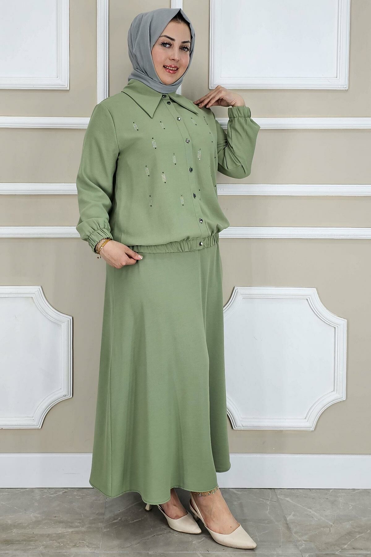PYS KADIN TAŞ DETAYLI GÖMLEK ETEK TESETTÜR TAKIM YEŞİL - 3 BEDEN