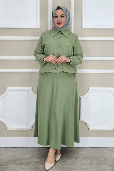 PYS KADIN TAŞ DETAYLI GÖMLEK ETEK TESETTÜR TAKIM YEŞİL - 3 BEDEN