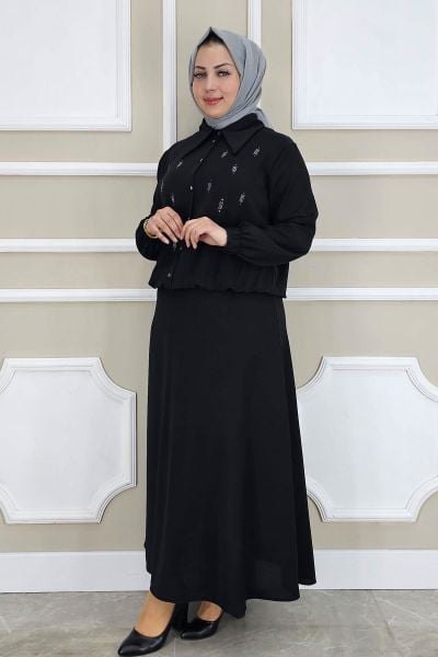 PYS KADIN TAŞ DETAYLI GÖMLEK ETEK TESETTÜR TAKIM SİYAH - 5 BEDEN