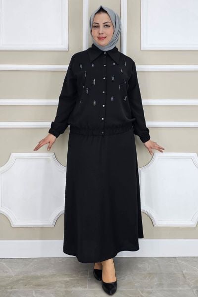 PYS KADIN TAŞ DETAYLI GÖMLEK ETEK TESETTÜR TAKIM SİYAH - 5 BEDEN