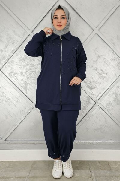 KADIN TAŞ DETAYLI TESETTÜR TAKIM LACİVERT - 5 BEDEN
