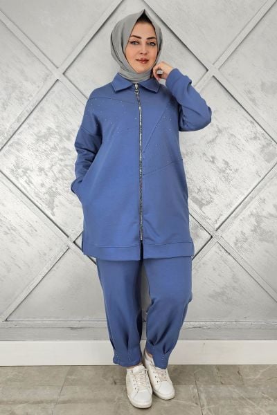 KADIN TAŞ DETAYLI TESETTÜR TAKIM İNDİGO - 3 BEDEN