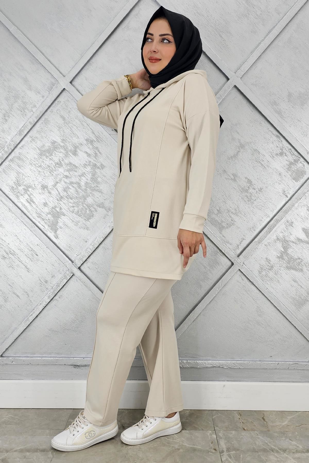 KADIN KAPÜŞONLU ARMA DETAYLI TESETTÜR TAKIM BEJ - 2 BEDEN