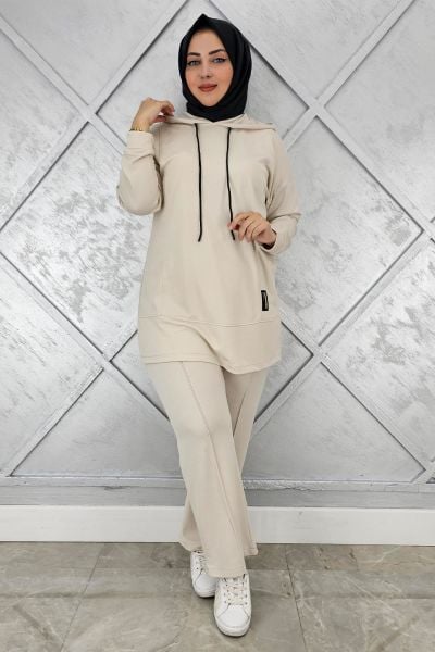 KADIN KAPÜŞONLU ARMA DETAYLI TESETTÜR TAKIM BEJ - 2 BEDEN