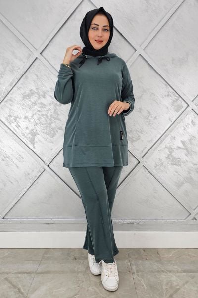 KADIN KAPÜŞONLU ARMA DETAYLI TESETTÜR TAKIM BEJ - 2 BEDEN