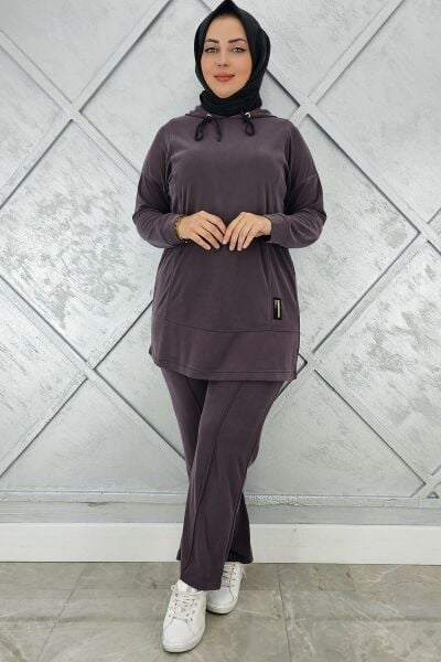 KADIN KAPÜŞONLU ARMA DETAYLI TESETTÜR TAKIM KAHVERENGİ - 3 BEDEN