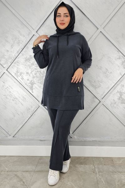 KADIN KAPÜŞONLU ARMA DETAYLI TESETTÜR TAKIM SİYAH - 2 BEDEN