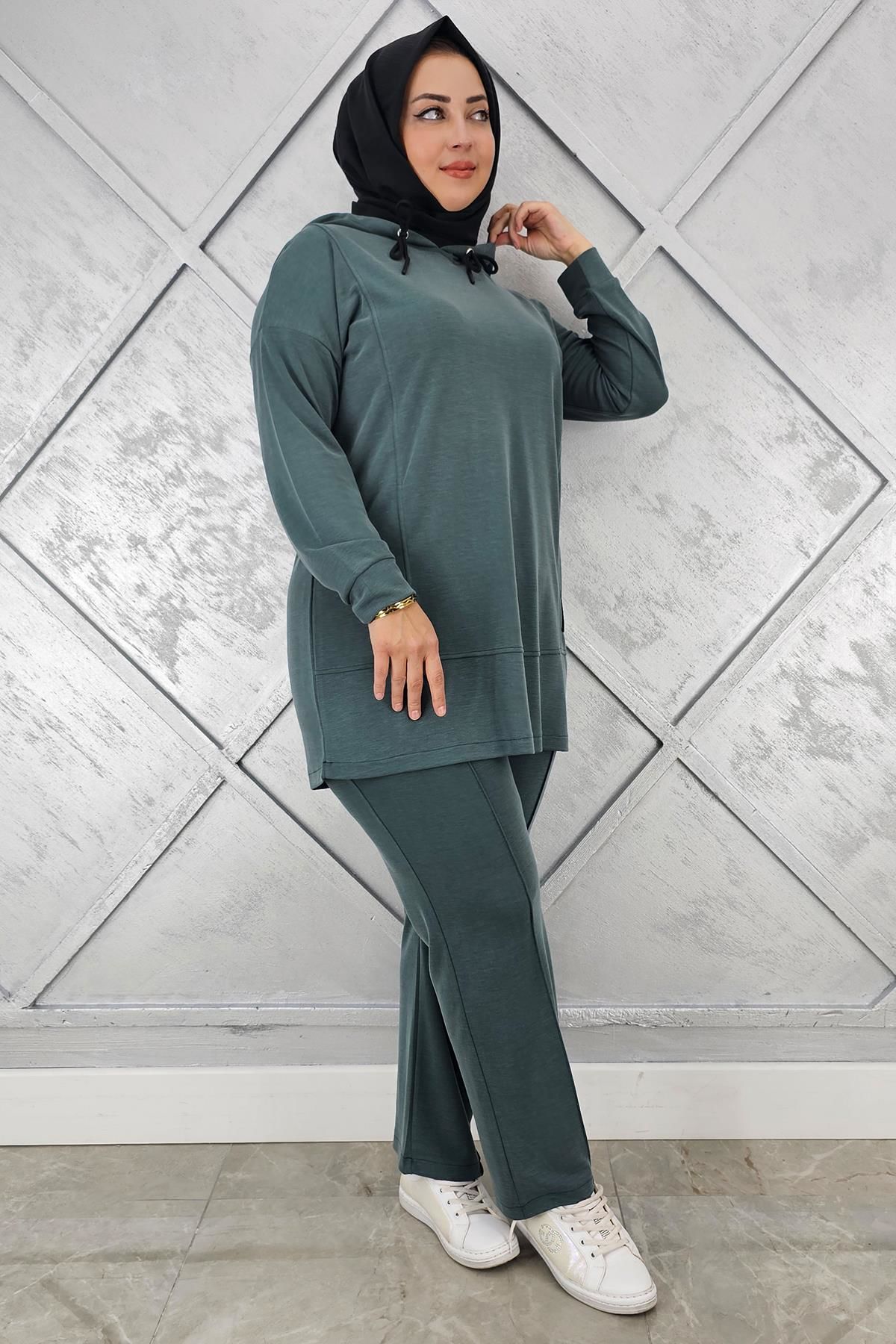 KADIN KAPÜŞONLU ARMA DETAYLI TESETTÜR TAKIM YEŞİL - 5 BEDEN