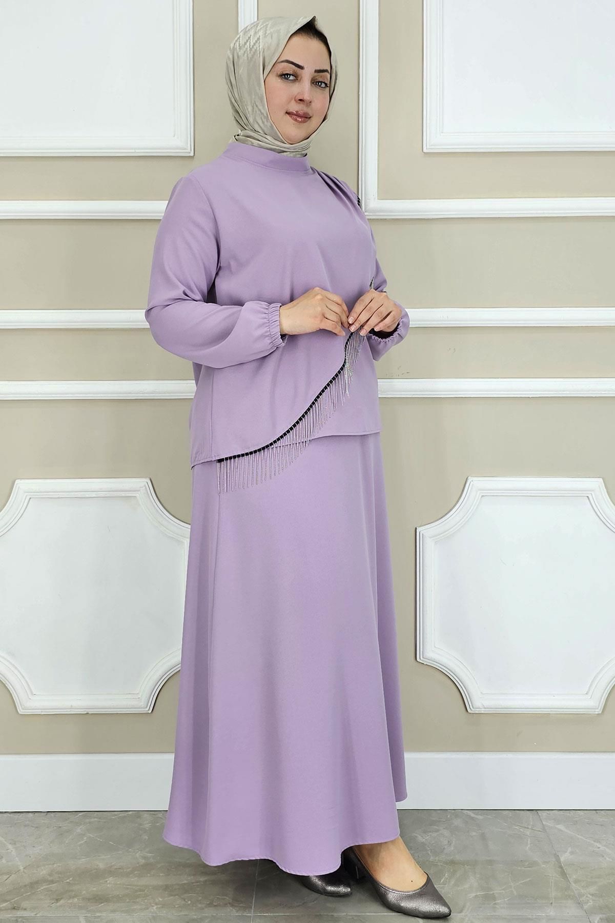 PYS KADIN PÜSKÜL AKSESUARLI TESETTÜR TAKIM LİLA - 4 BEDEN