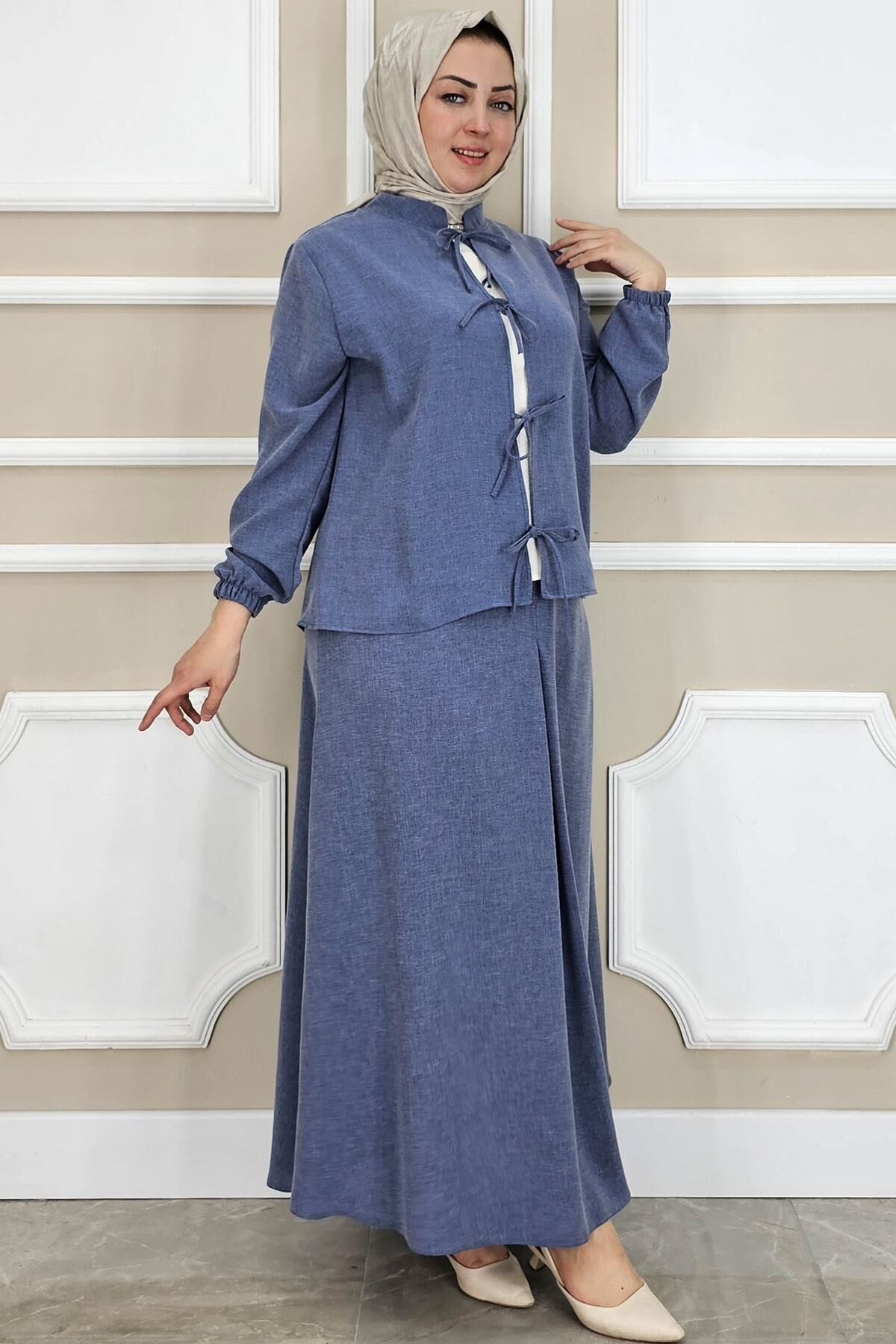 PYS KADIN ÖNÜ BAĞCIKLI TESETTÜR 3 LÜ TAKIM KOYU MAVİ - 4 BEDEN