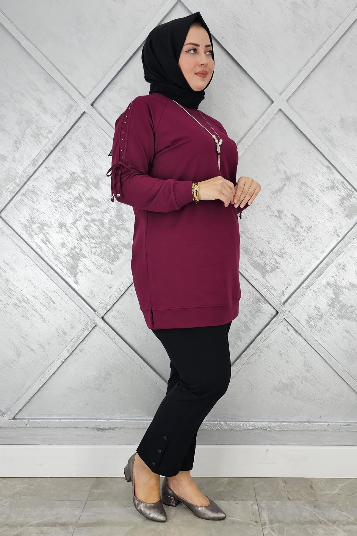 KADIN KOLU AKSESUAR DETAYLI TESETTÜR TUNİK BORDO - 4 BEDEN