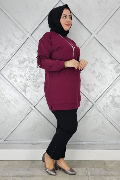 KADIN KOLU AKSESUAR DETAYLI TESETTÜR TUNİK BORDO - 4 BEDEN