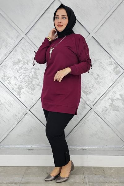KADIN KOLU AKSESUAR DETAYLI TESETTÜR TUNİK BORDO - 4 BEDEN