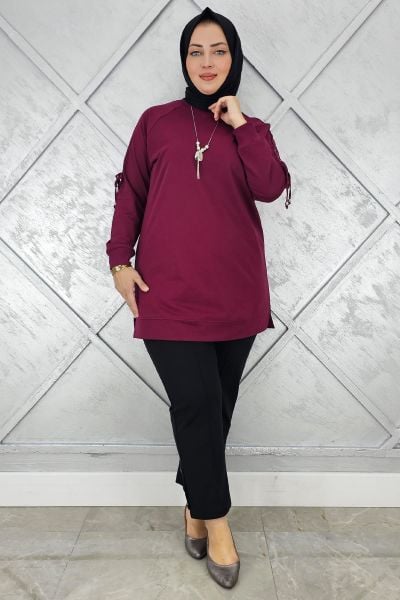KADIN KOLU AKSESUAR DETAYLI TESETTÜR TUNİK BORDO - 4 BEDEN