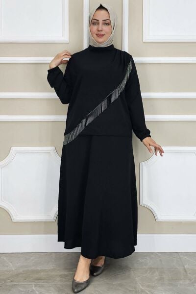 PYS KADIN PÜSKÜL AKSESUARLI TESETTÜR TAKIM SİYAH - 2 BEDEN