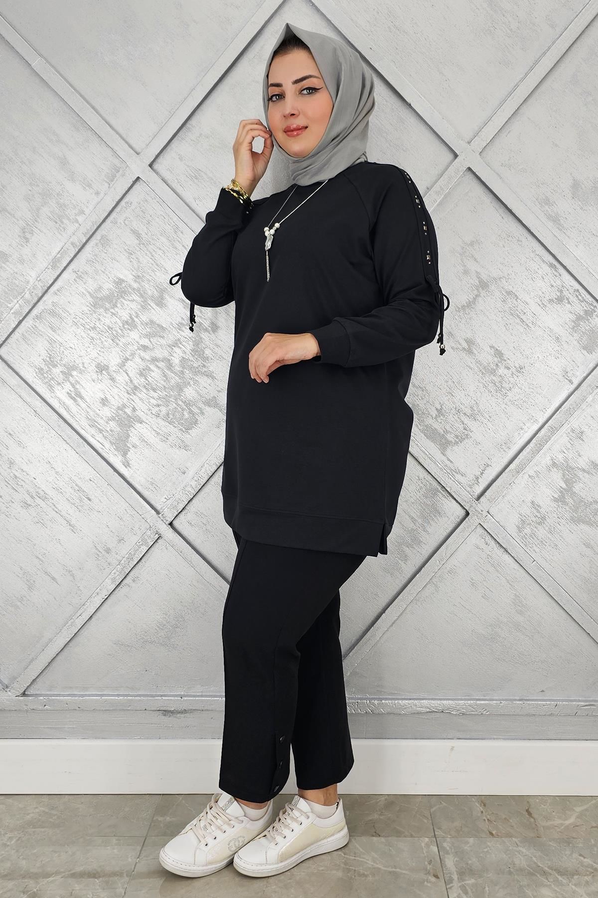 KADIN KOLU AKSESUAR DETAYLI TESETTÜR TUNİK SİYAH - 3 BEDEN