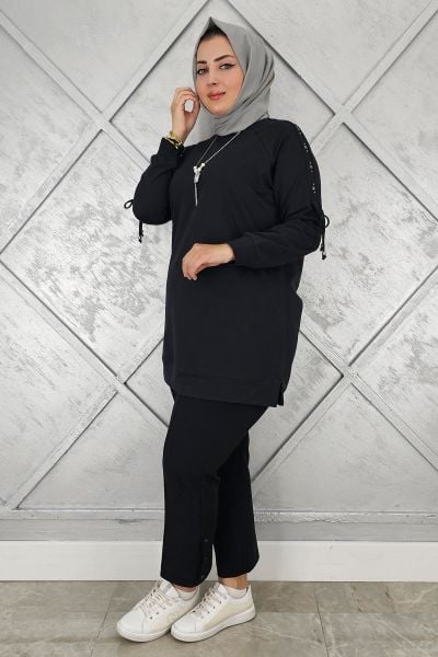 KADIN KOLU AKSESUAR DETAYLI TESETTÜR TUNİK SİYAH - 3 BEDEN