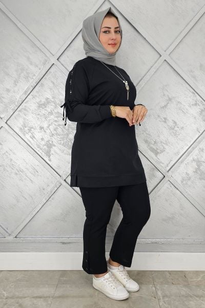 KADIN KOLU AKSESUAR DETAYLI TESETTÜR TUNİK SİYAH - 3 BEDEN