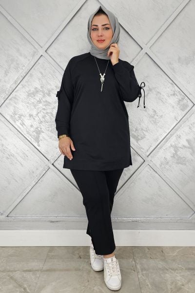 KADIN KOLU AKSESUAR DETAYLI TESETTÜR TUNİK SİYAH - 3 BEDEN