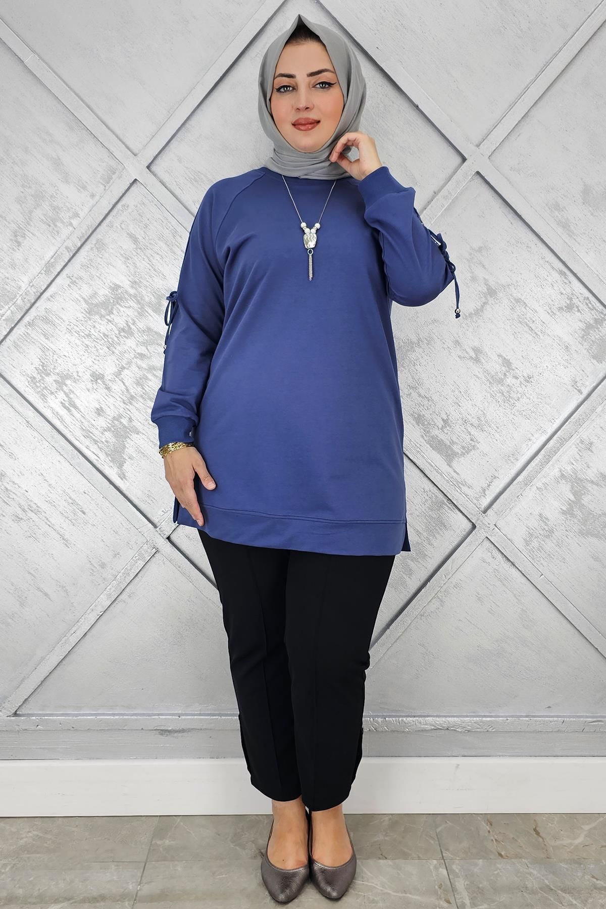 KADIN KOLU AKSESUAR DETAYLI TESETTÜR TUNİK İNDİGO - 4 BEDEN