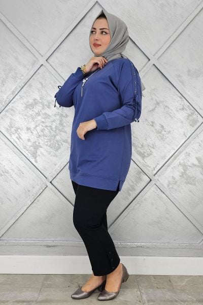 KADIN KOLU AKSESUAR DETAYLI TESETTÜR TUNİK İNDİGO - 4 BEDEN