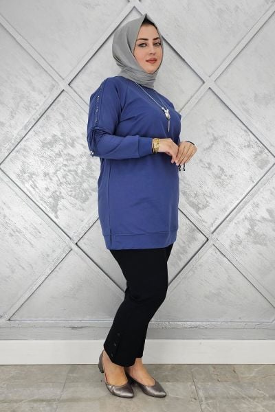KADIN KOLU AKSESUAR DETAYLI TESETTÜR TUNİK İNDİGO - 4 BEDEN