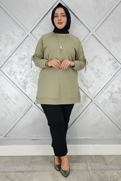 KADIN KOLU AKSESUAR DETAYLI TESETTÜR TUNİK MİNT YEŞİLİ - 4 BEDEN