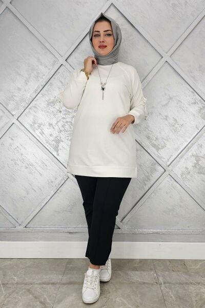 KADIN KOLU AKSESUAR DETAYLI TESETTÜR TUNİK EKRU - 4 BEDEN