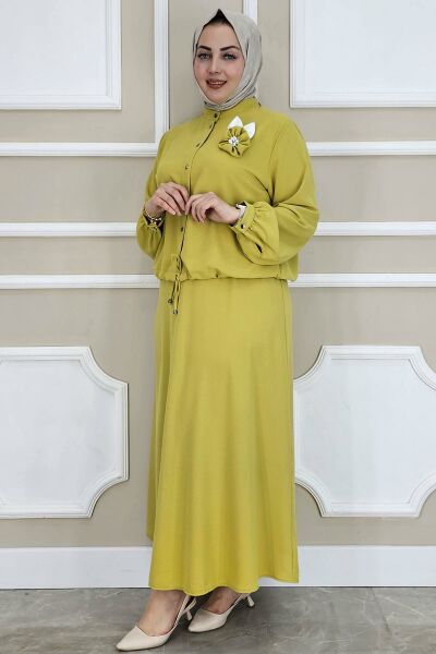 PYS KADIN ÇİÇEK BROŞ DETAYLI GÖMLEK ETEK TESETTÜR TAKIM YAĞ YEŞİLİ - 5 BEDEN