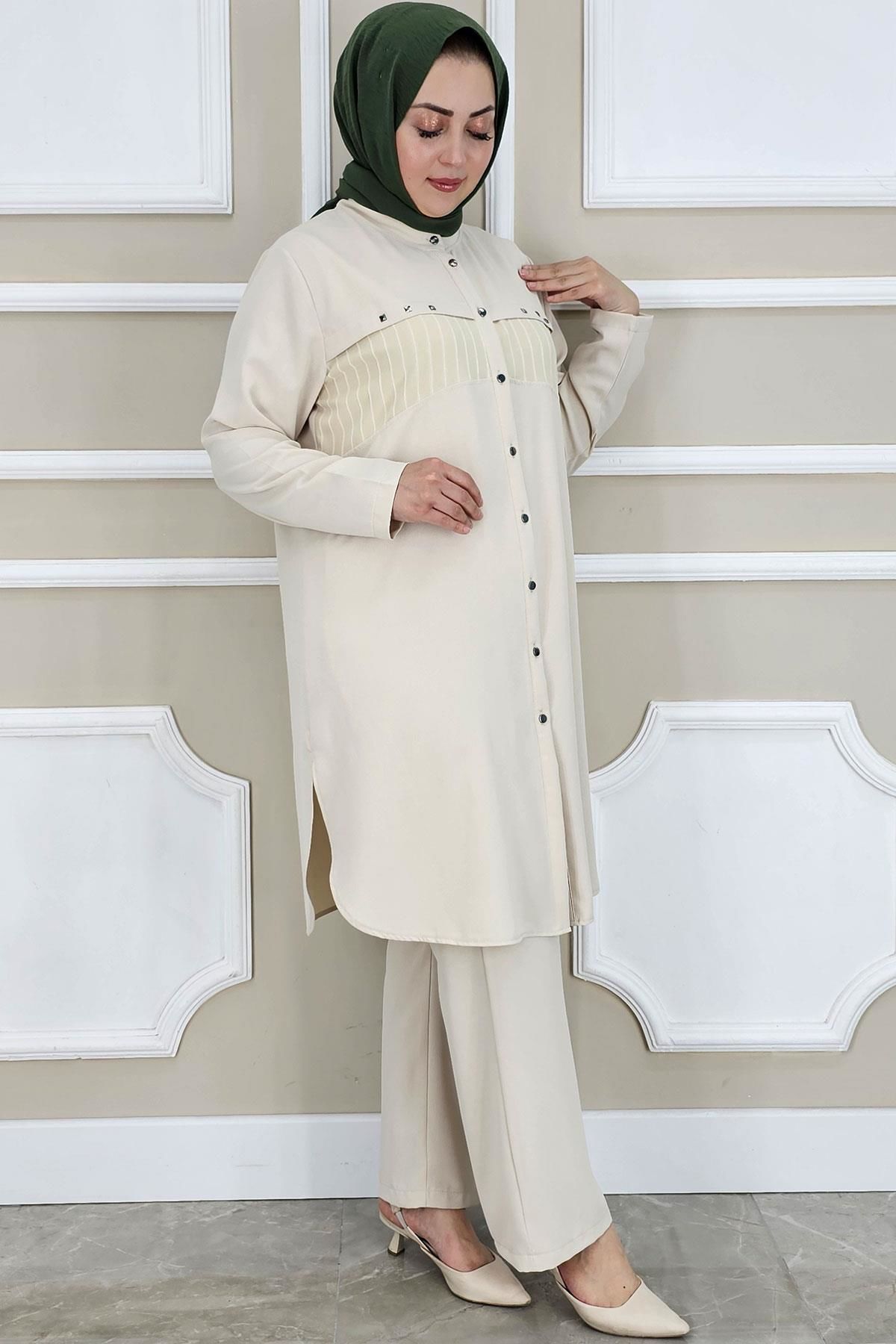 PYS KADIN KOMBİNLİ TAŞ DETAYLI TESETTÜR TAKIM TAŞ - 2 BEDEN