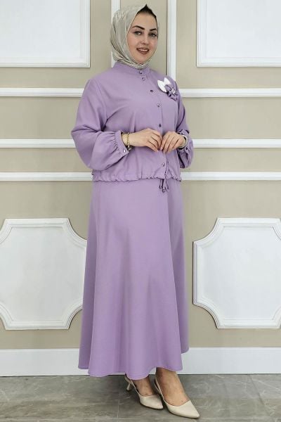 PYS KADIN ÇİÇEK BROŞ DETAYLI GÖMLEK ETEK TESETTÜR TAKIM LİLA - 2 BEDEN